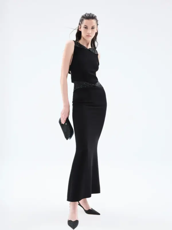 GIORGIO ARMANI Long dress in silk cady with rhinestone details